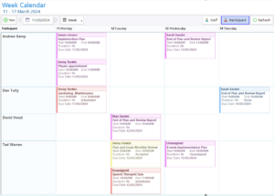 eTrack NDIS software calendar view for managing participant appointments